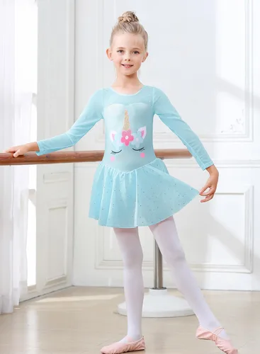 Miniatura 27 de EQSJIU Leotardo de baile de manga larga para niñas, vestido de ballet brillante con copo de nieve, tutú con falda tutú para niñas