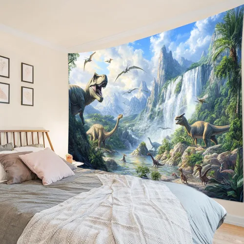 Miniatura 21 de HVEST Tapiz de dinosaurio salvaje y antiguo depredador para colgar en la pared, bosque tropical con árboles verdes y montañas, tapices de pared