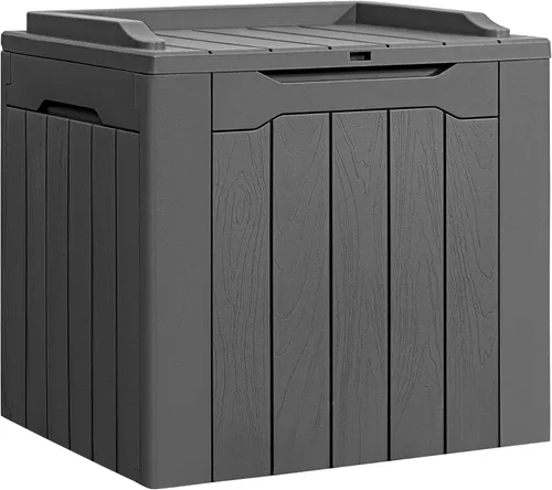 Miniatura 16 de Flamaker Caja de almacenamiento para exteriores de 80 galones, caja de resina impermeable para cubierta con textura de madera, caja de entrega