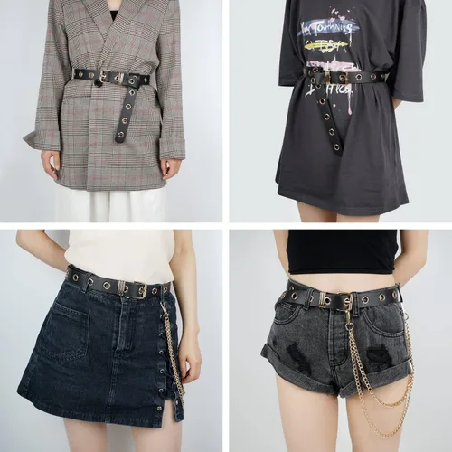 Miniatura 4 de FIORETTO Cinturón de cuero con ojales y cadena desmontable para mujeres y hombres, cinturones de cintura punk rock para pantalones vaqueros