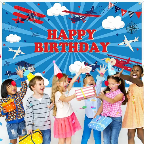 Miniatura 5 de Avezano Telón de fondo de feliz cumpleaños de avión para niños, decoración de fiesta de cumpleaños de avión, pancarta temática de moscas de cielo