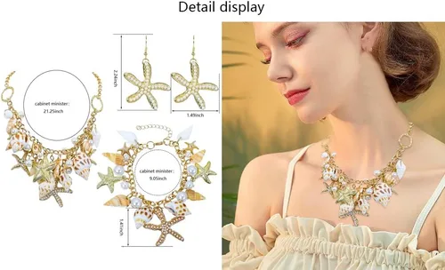 Miniatura 8 de Halawly Gargantilla de concha de cola de sirena, collar de moda con diseño de concha de mar y estrella de mar de perlas de imitación, collar grueso