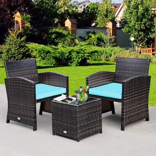 Miniatura 4 de Tangkula Juego de muebles de ratán de polietileno de 3 piezas, juego de conversación de patio con silla y mesa de café de almacenamiento, cojín