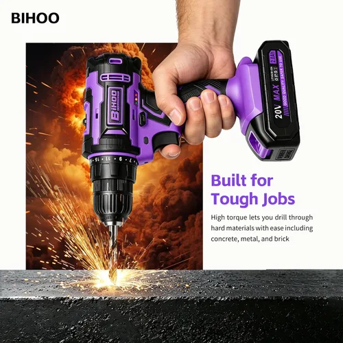 Miniatura 8 de Purple 20V Cordless Drill Electric Drill set, Electric Screwdriver with 2 Batteries & Charger, 3/8" Keyless Chuck, 25+1 Torque 2-Speed Hammer Drill