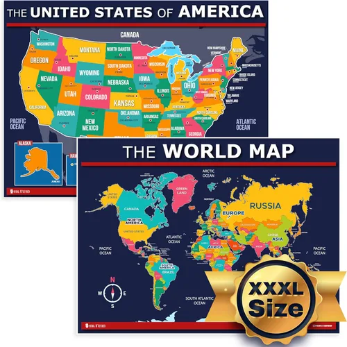 Miniatura 14 de Póster de mapa de Estados Unidos y del mundo 2 unidades para niños laminado azul (actualizado fijo V2.0) Young N Refined (18x24)