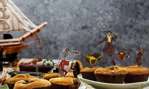 Miniatura 7 de Cheerland 24 piezas de decoración de esqueletos piratas para magdalenas, Halloween, caribeño, pirata, decoración de tartas, calavera, esqueleto