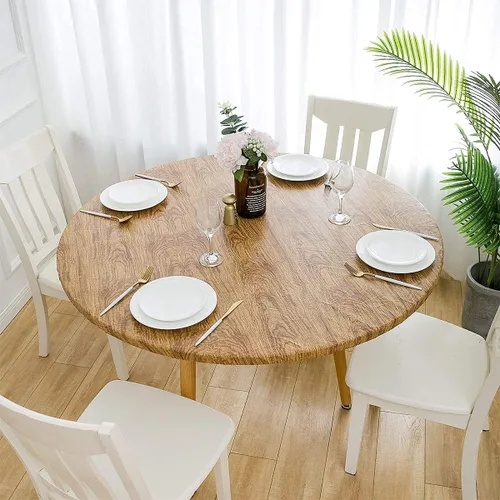 Miniatura 8 de Mantel redondo de vinilo de plástico ajustable con parte trasera de franela y borde elástico, protector de mesa impermeable para mesa de comedor