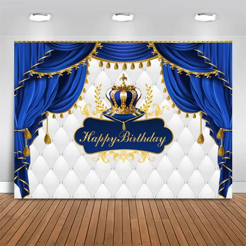 Miniatura 7 de Mocsicka Telón de fondo de cumpleaños azul rey, fondo de cortina de corona de príncipe azul dorado, decoración para fiesta de cumpleaños de niño
