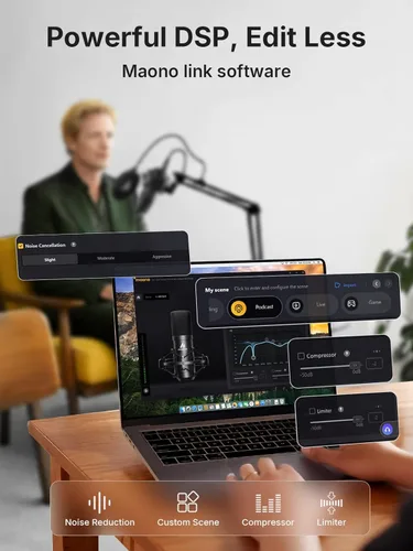 Miniatura 5 de MAONO Micrófono de condensador XLR/USB: 192kHz/24Bit Plug & Play PC Podcast Kit de micrófono de metal cardioide con software, chipset de sonido