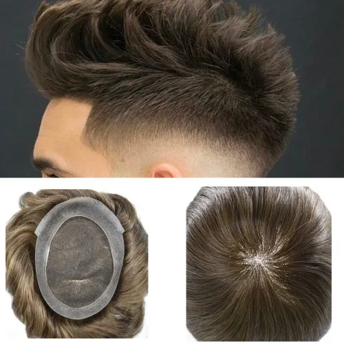 Miniatura 13 de Toupee para hombres, centro de encaje francés, extensiones de cabello humano, sistema de reemplazo de encaje con piel fina, prótesis de cabello gris