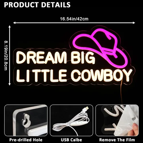 Miniatura 2 de Dream Big Little Cowboy - Letrero de neón para decoración de pared, letrero LED de sombrero de vaquero para habitación, luces de neón occidentales
