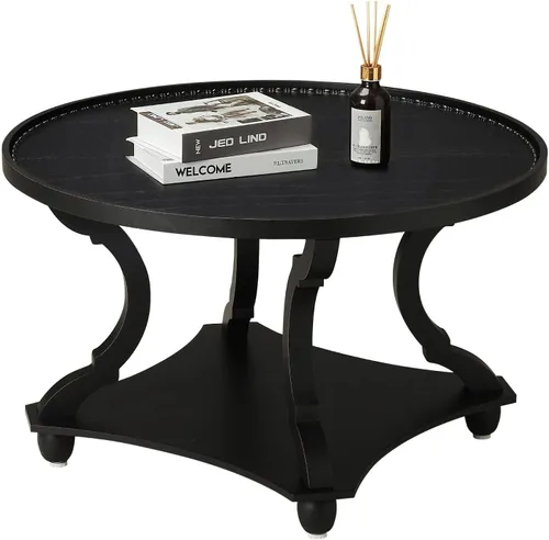 Miniatura 8 de Wnutrees - Mesa de centro redonda de estilo granja, mesa de café con bandeja de madera y estante de almacenamiento de estilo rústico con acabado