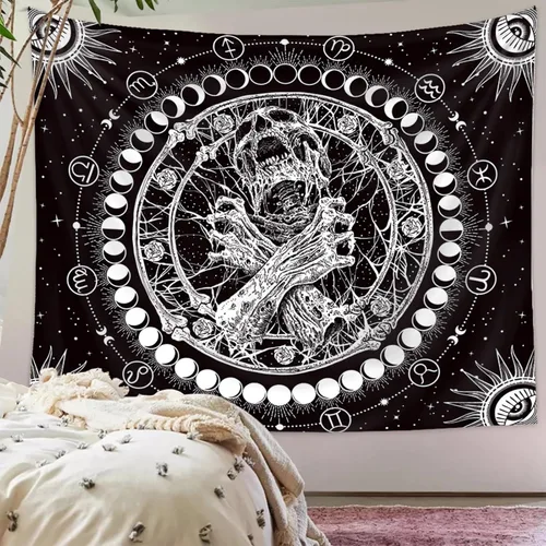 Miniatura 2 de Tapzen Tapiz gótico de tarot de fase lunar para dormitorio, para colgar en la pared de terror en blanco y negro (90 x 70 pulgadas)