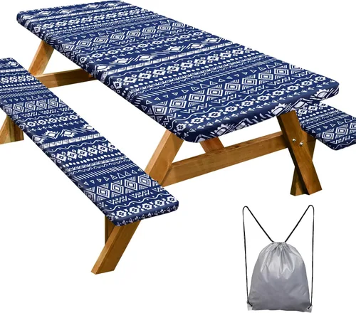 Miniatura 44 de Funda de mesa de picnic con fundas para bancos Esenciales de camping Mantel de picnic impermeable y a prueba de viento con bolsa de cordón, funda