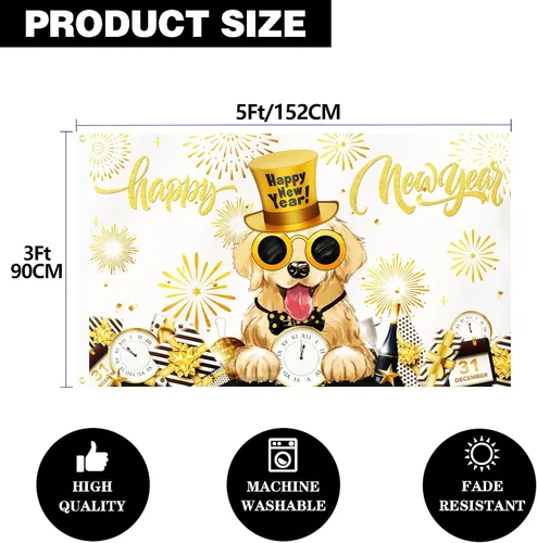 Miniatura 3 de SENSEVEN Bandera de perro Golden Retriever de 3 x 5 pies, de doble cara, pancarta de invierno para exteriores, Año Nuevo, reloj de fuegos