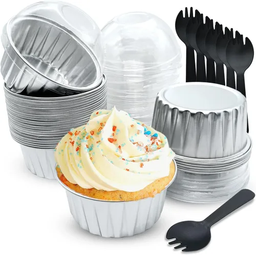 Miniatura 8 de Moldes desechables dorados, 30 unidades, 5 onzas, mini tazas de aluminio para hornear con tapas, forros para cupcakes de crema brulee, moldes