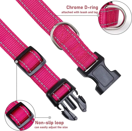 Miniatura 3 de Collar reflectante para perro con hebilla, collares de nailon de seguridad ajustables para perros pequeños, medianos y grandes, rosa intenso