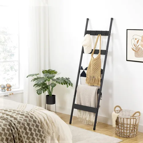 Miniatura 4 de HOOBRO Escalera para mantas, estante de toallas de 5 niveles con ganchos, estante de mantas inclinado en la pared, estante decorativo