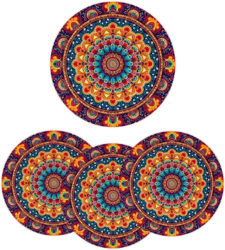 Miniatura 26 de Juego de 4 manteles individuales redondos, manteles individuales tejidos con mandala dorados, antideslizantes, resistentes al calor, lavables