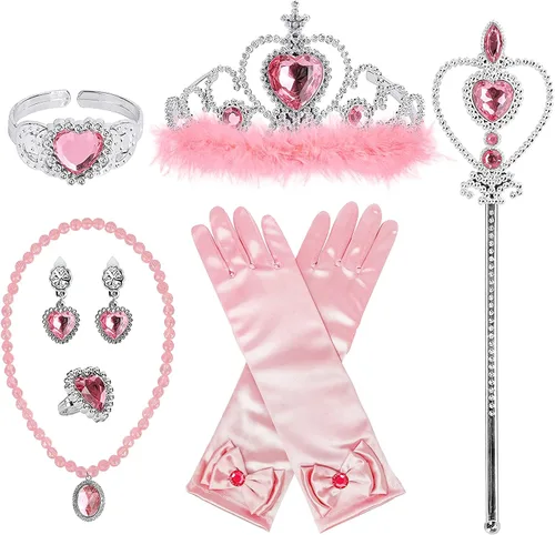 Accesorios de disfraz de princesa BIBUTY, juego de 7 piezas para niñas pequeñas con corona de princesa, varita, guantes, collar, aretes, pulsera y