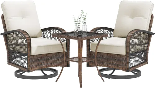 EROMMY Juego de muebles de patio de 3 piezas, sillas mecedoras giratorias de patio para exteriores, juego de bistró de mimbre para patio con silla