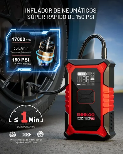 Miniatura 3 de GOOLOO A3 Arrancador de Salto con Compresor de Aire, Arrancador de Batería de Coche Portátil 3000A (9.0 Gasolina/6.5L Diésel) con Inflador