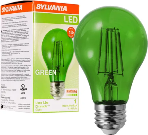 LEDVANCE Sylvania Bombilla LED de Filamento de Vidrio Verde A19, Eficiente 4.5W, Equivalente a 40W, Regulable, Base Media E26 - Paquete de 1 (40303)