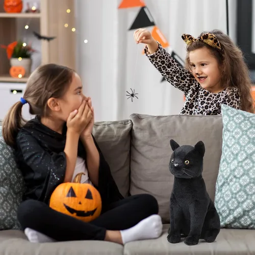 Miniatura 6 de HyDren Peluche de gato negro de Halloween de 13 pulgadas, animal de peluche realista de gato suave y lindo, almohada de juguete, regalos para niños