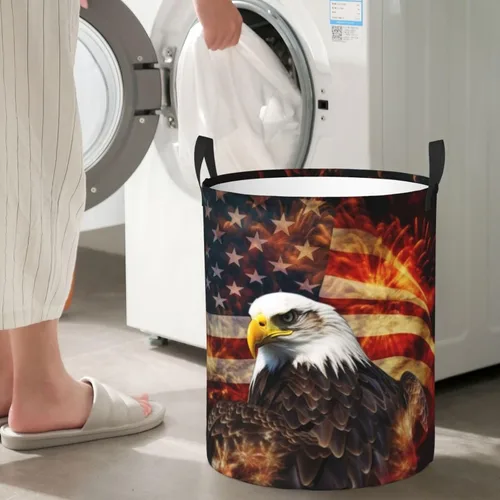 Miniatura 7 de American Flag Fire Eagle print Circular Hamper Waterproof Storage Bin Organizer Basket Laundry Hamper With Handles For Clothes Toys Small