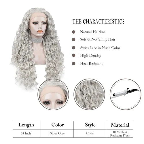Miniatura 5 de Imstyle Pelucas de encaje frontal gris claro, peluca de pelo sintético gris rizado para mujer, cosplay, fiesta, Halloween, rebote, pelo esponjoso