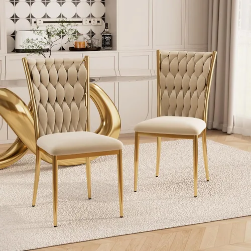 Juego de 2 sillas de comedor de terciopelo, modernas sillas de cocina tejidas con patas de metal dorado, cojín tapizado con respaldo alto,