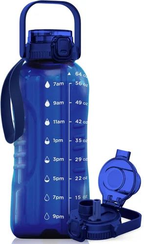 Miniatura 13 de AQUAFIT Botella de agua de 128 onzas con marcador de tiempo, popote 2 en 1 y tapa para beber, botella de agua grande para gimnasio sin BPA
