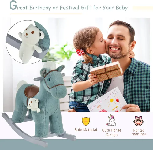 Miniatura 6 de Qaba Caballo mecedor de peluche para niños con juguete de oso, silla para niños con juguete de felpa suave y divertidos sonidos realistas, azul