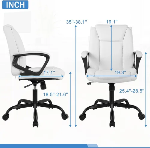 Miniatura 3 de Silla ergonómica de piel sintética con respaldo medio y soporte lumbar, reposabrazos, giratorio giratorio, ajustable para adultos (blanco)