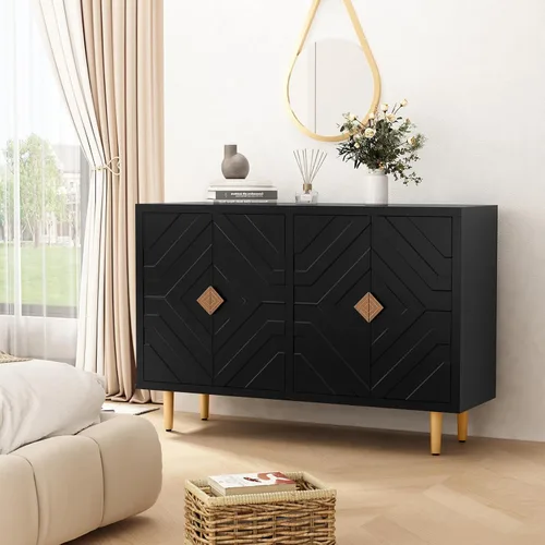 Miniatura 7 de HLR Gabinete de Acento de 48 pulgadas con 4 Puertas y Estantes, Aparador Gabinete Buffet Moderno con Puertas de Patrón Decorativo en Relieve