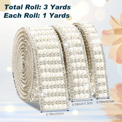 Miniatura 3 de Outus 3 rollos de calcomanías de perlas, cinta autoadhesiva con diamantes de imitación, tiras de cinta de cristal, para manualidades, boda