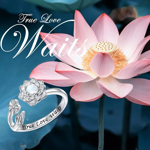 Miniatura 6 de Moonstone - Juego de joyas de loto de plata de ley, anillo de flor de loto grabado True Love Waits, Natural Healing Buddha Spiritual Yoga Lotus