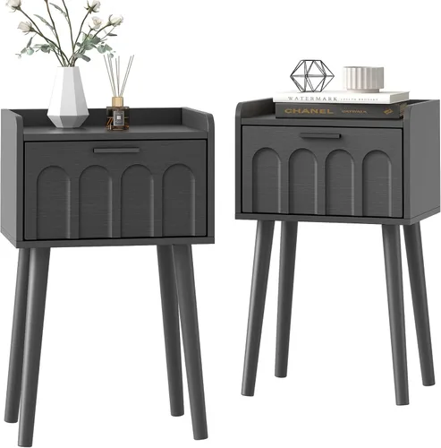Miniatura 10 de LAATOOREE Juego de 2 mesitas de noche, mesa auxiliar de cama pequeña con puerta de arco, mesa auxiliar de mediados de siglo con patas de madera