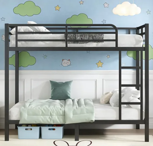 Miniatura 19 de Bellemave - Litera de cama individual XL sobre queen de metal resistente para adultos, color negro
