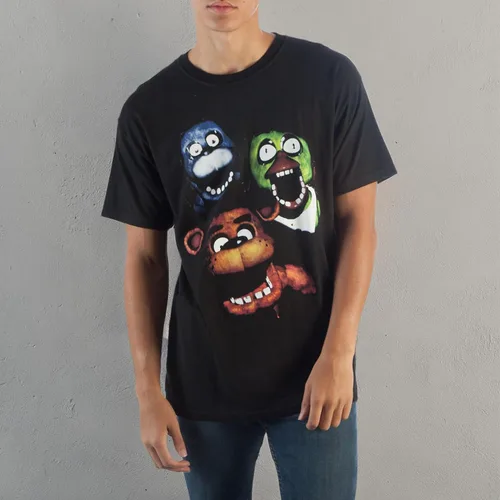 Miniatura 3 de Bioworld Camiseta de grupo estilo cinematográfico de la FNAF, espeluznante animatronics Chica Bonnie Freddy Fazbear's Pizza, camiseta ajustada negra