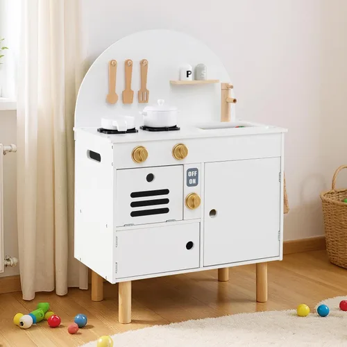 Miniatura 9 de Costzon Juego de cocina para niños, cocina con estufas, grifo, fregadero, microondas, gabinete, horno y accesorios de cocina, cocina de madera