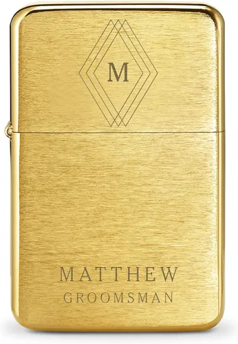 Miniatura 2 de Weddingstar Encendedor de Metal Personalizado a Prueba de Viento Dorado Cepillado - Grabado de Monograma con Emblema de Diamante Oro cepillado