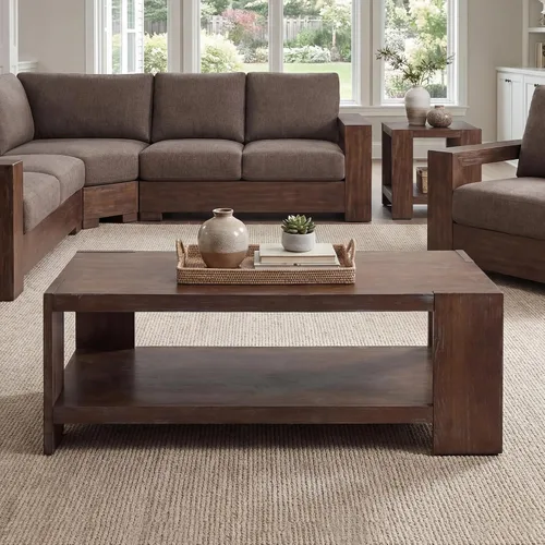 Miniatura 6 de chairus Mesa auxiliar de 47 pulgadas con almacenamiento de 2 niveles, mesa central rectangular de granja con patas de madera de pino maciza