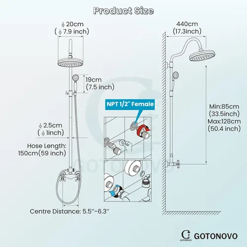 Miniatura 4 de gotonovo Juego de grifo de ducha expuesto de lujo, sistema de ducha de baño de 8 pulgadas, montaje en pared, cabezal de ducha de lluvia con rociador