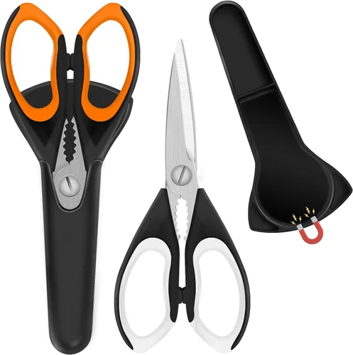 Juego de 2 tijeras de cocina afiladas con soporte magnético, tijeras de cocina resistentes, tijeras de carne, tijeras multifuncionales de acero 2