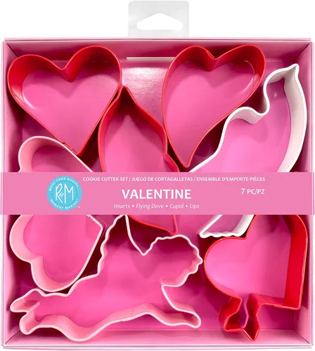 R&M - Juego de cortador de galletas de San Valentín, incluye 7 formas, corazón, doble corazón, flecha, paloma, labios, cortador de galletas Cupido.