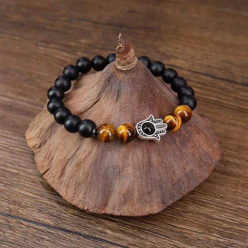 Miniatura 4 de Pulsera Hamsa con cuentas de piedra de tigre de ónix