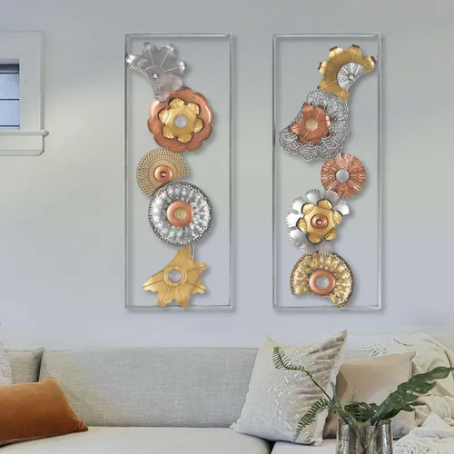 Miniatura 5 de Asense Juego de 2 flores de metal para colgar en la pared con marco, 36 x 14 pulgadas, esculturas modernas de arte de pared de metal dorado