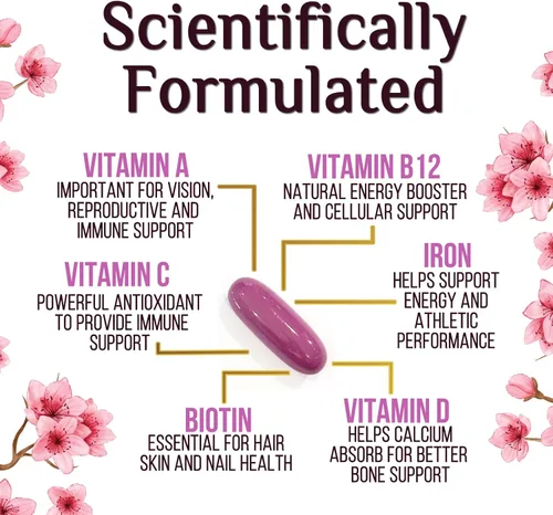 Miniatura 3 de Multivitamínico para mujer – Multivitaminas diarias completas para mujer con calcio, ácido fólico, vitamina A, C, D, E y vitaminas B, zinc y hierro
