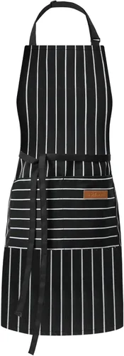 DILLMAN Delantales de Cocina Ajustables - Delantal de Babero para Hombres y Mujeres, Suave, de Chef, con Rayas y 2 Bolsillos Tiras negras anchas